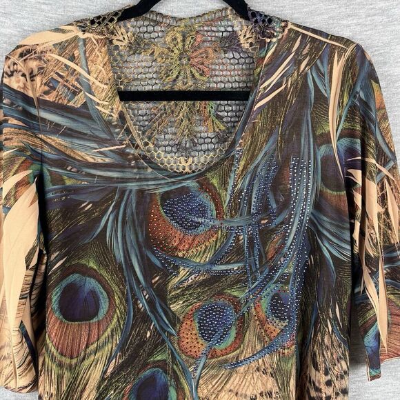 Patchington Womens Blouse Medium 3/4 Sleeve Peacock Feather Crochet Sparkle Boho - Picture 2 of 8